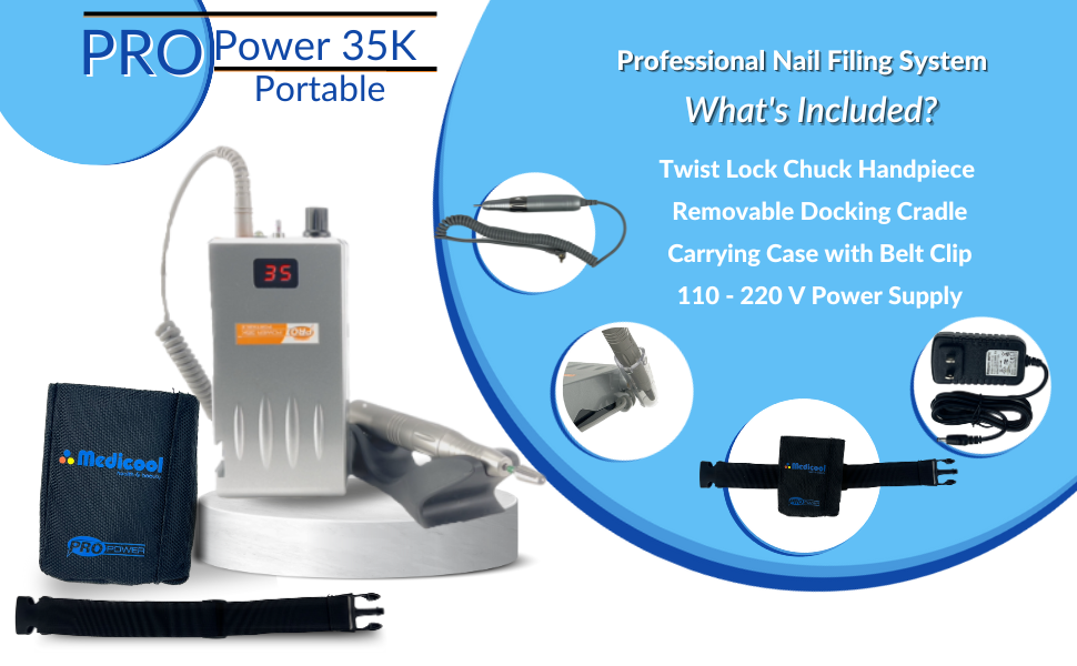 Hệ thống máy giũa móng tay Medicool Pro Power 35K chạy điện di động và có thể sạc lại - Bạc