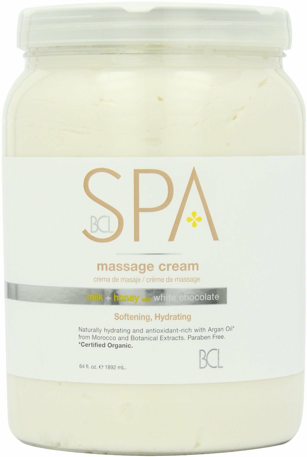 Crema de masaje para pedicura BCL Organic Spa de medio galón (64 oz) - Leche + Miel con chocolate blanco