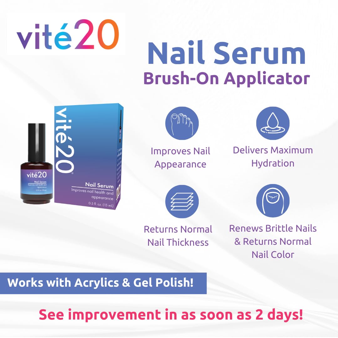 VITÉ20 Nail Health Serum – Improves Nail Appearance for Discoloration, Thick, Brittle & Cracking Nails – Moisturizes & Conditions – Easy Brush-On Applicator for Fingernails & Toenails – 0.5 fl oz (Pack of 2)