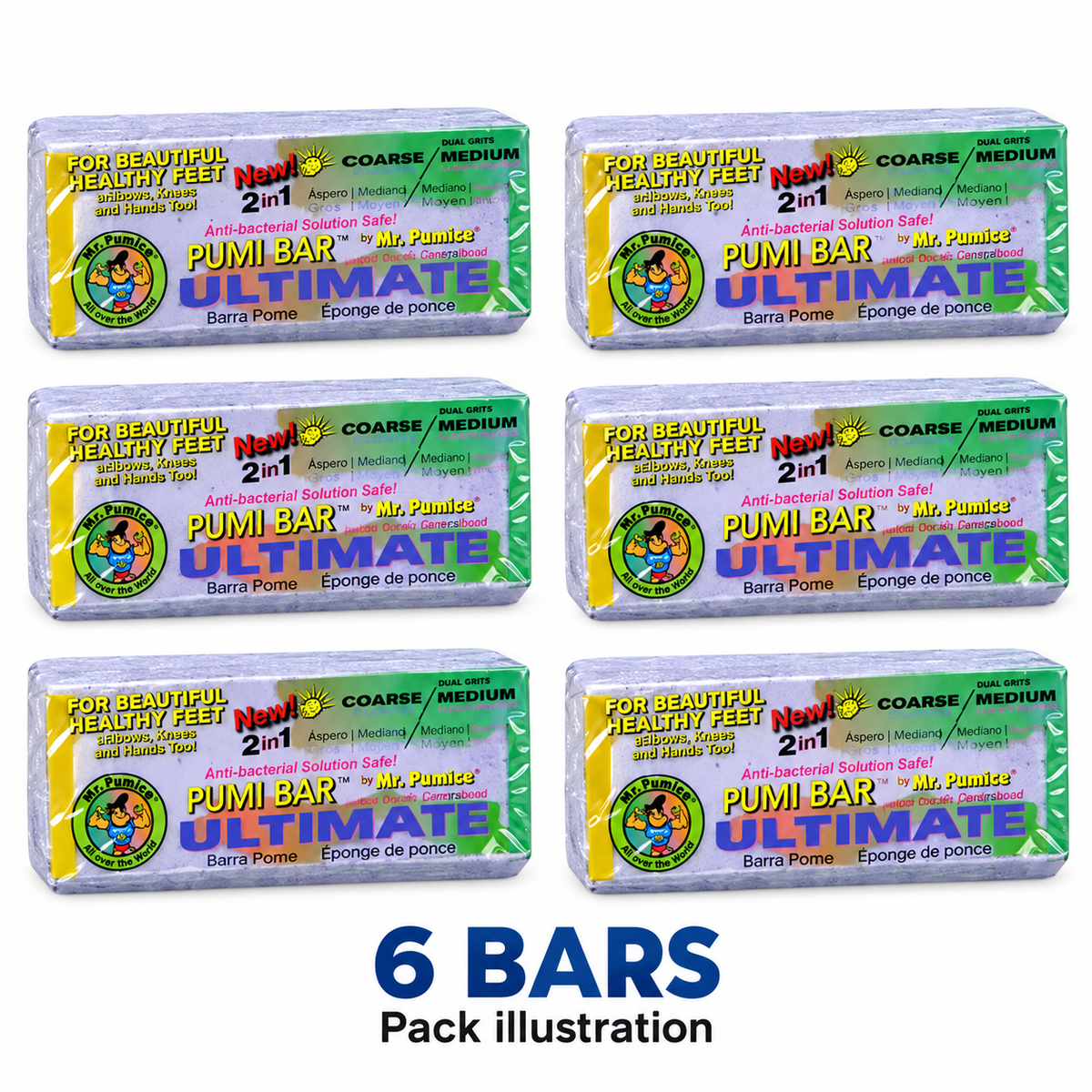 Pack illustration of 6 Mr. Pumice Ultimate dual-sided bars